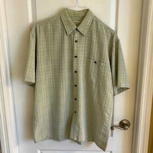 Lightweight, Sz L, button down shirt. Light green w/ white plaid strips.